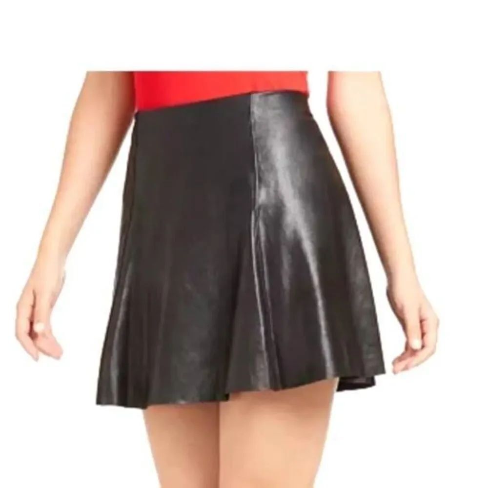 SPANX Faux Leather Black Flouncy Skater Mini Skirt  Pull-On Elastic Waist Sz 2XL